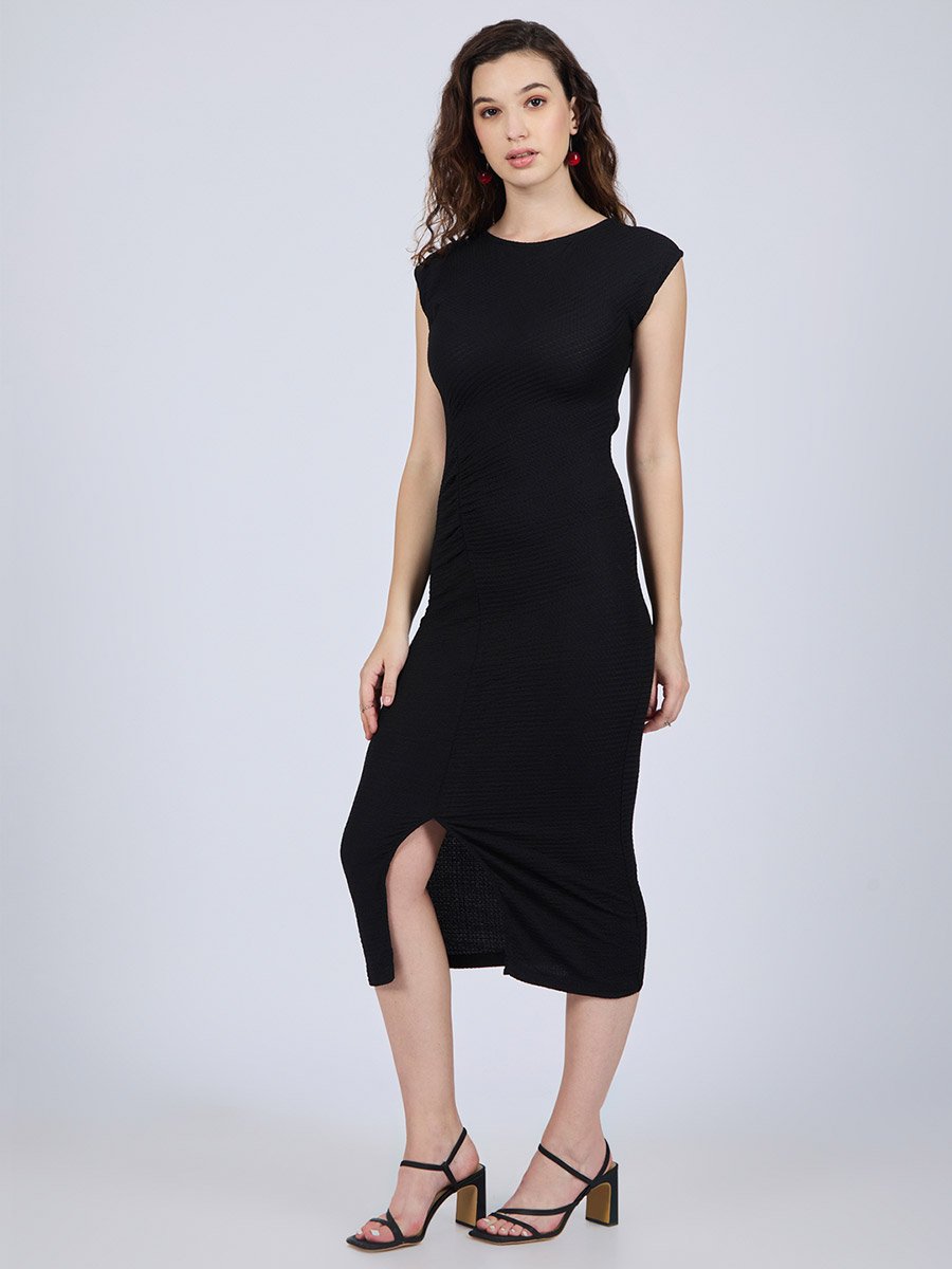 Black Textured Knit Bodycon Midi Dress