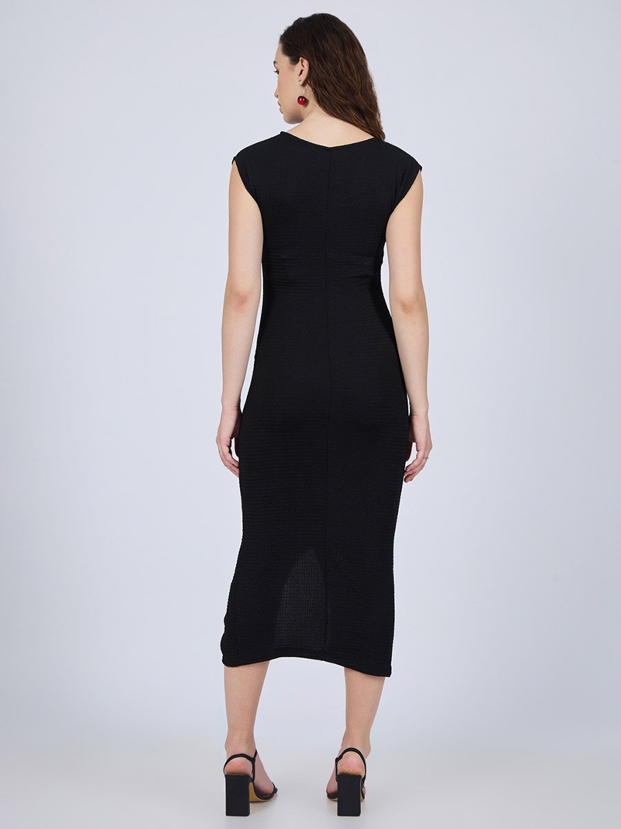 Black Textured Knit Bodycon Midi Dress