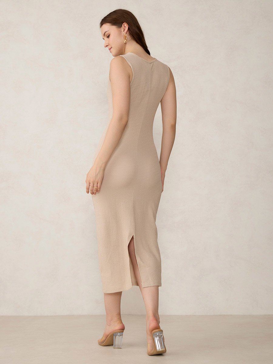 Beige Textured Knit Bodycon Midi Dress