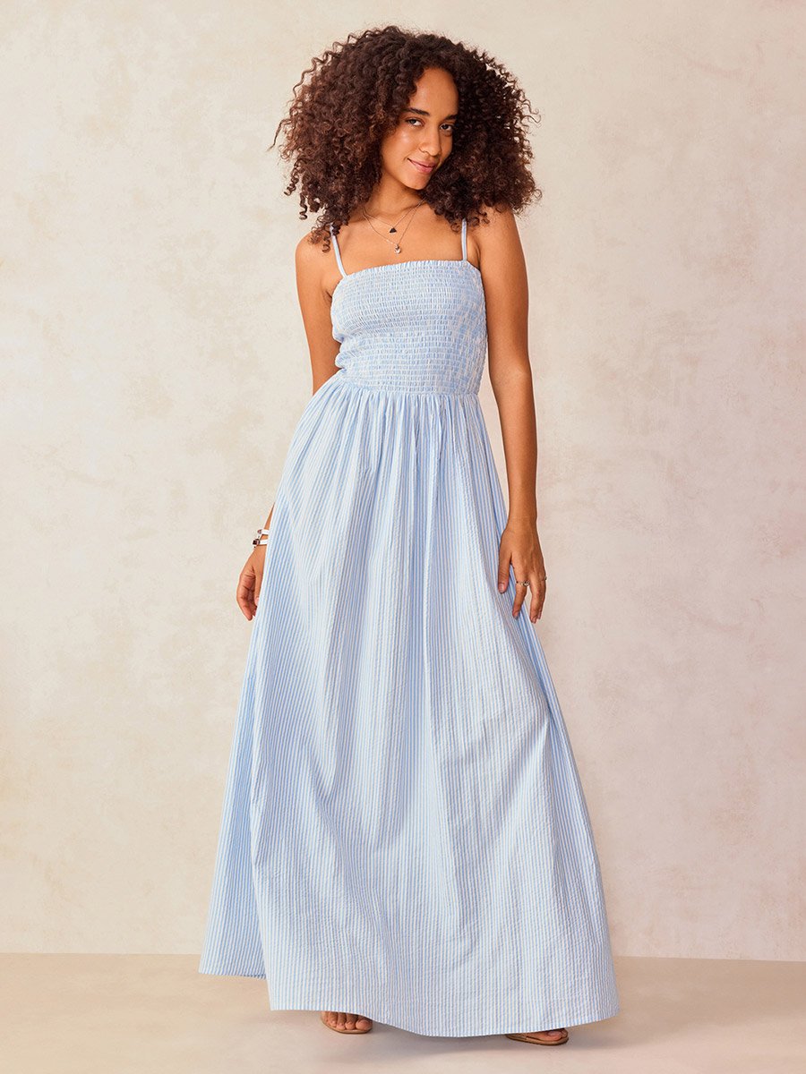 Blue Strappy Smocked Maxi Dress