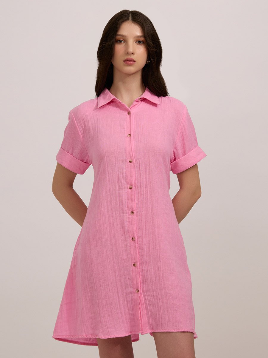 Pink Solid Cotton Shirt Mini Dress