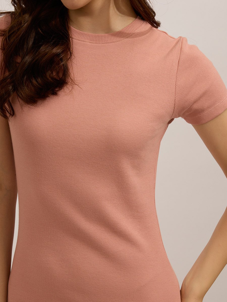 Peach Crew Neck Bodycon Midi Dress