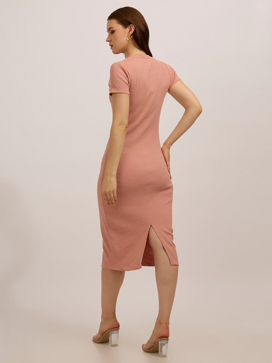 Peach Crew Neck Bodycon Midi Dress