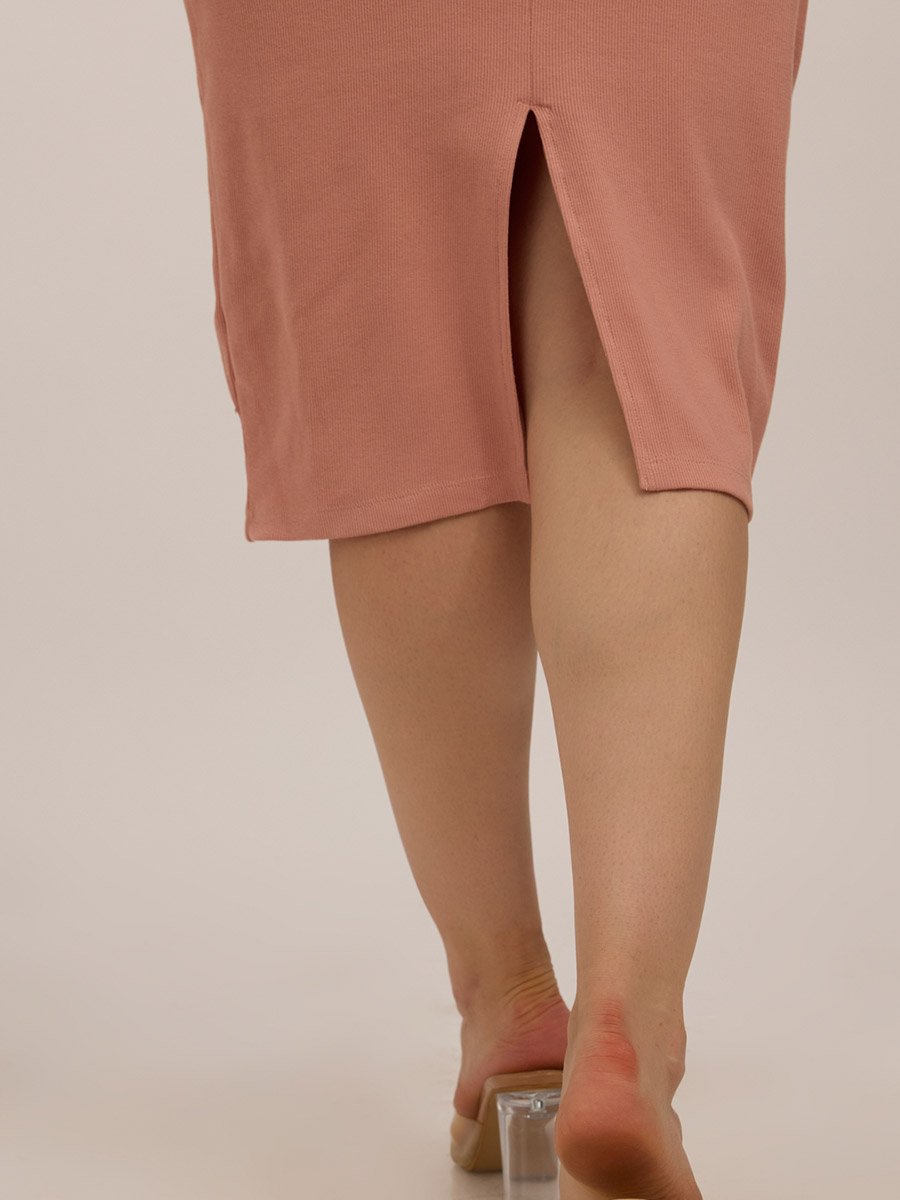 Peach Crew Neck Bodycon Midi Dress