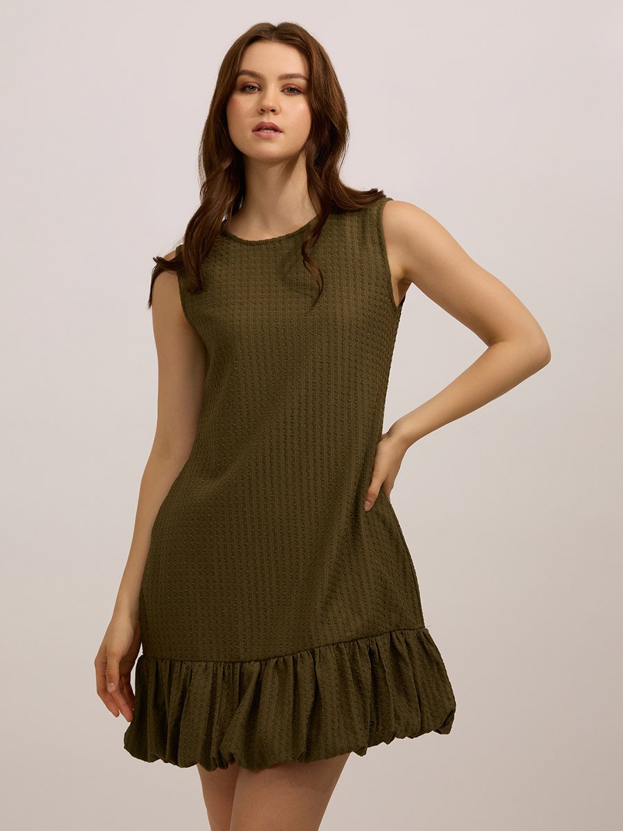 Olive Bubble Hem Textured Mini Dress