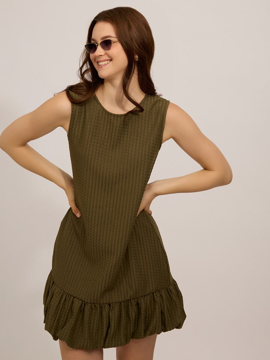 Olive Bubble Hem Textured Mini Dress