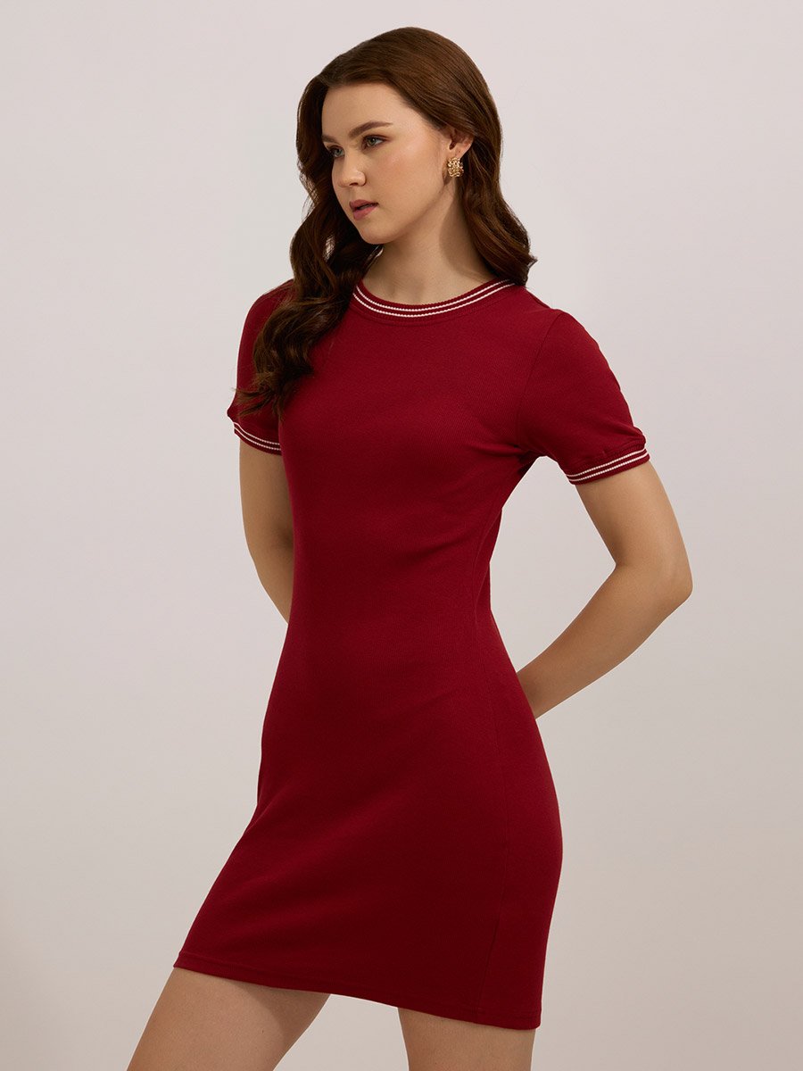 Maroon Ribbed Bodycon Mini Dress For Women at Kuwait | Styli Maroon Ribbed Bodycon Mini Dress For Women at Kuwait | Styli