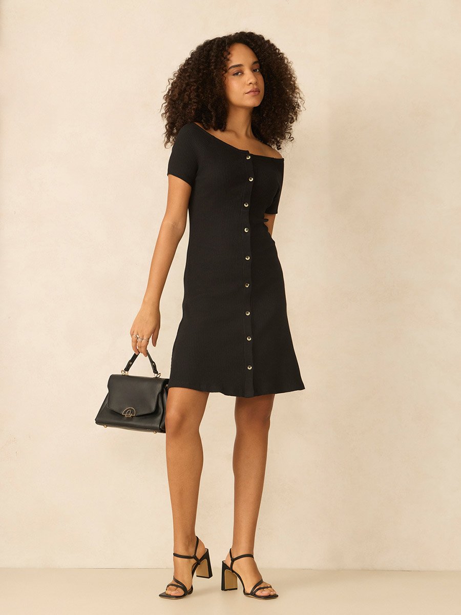 Black Off Shoulder Button Down Ribbed Dress