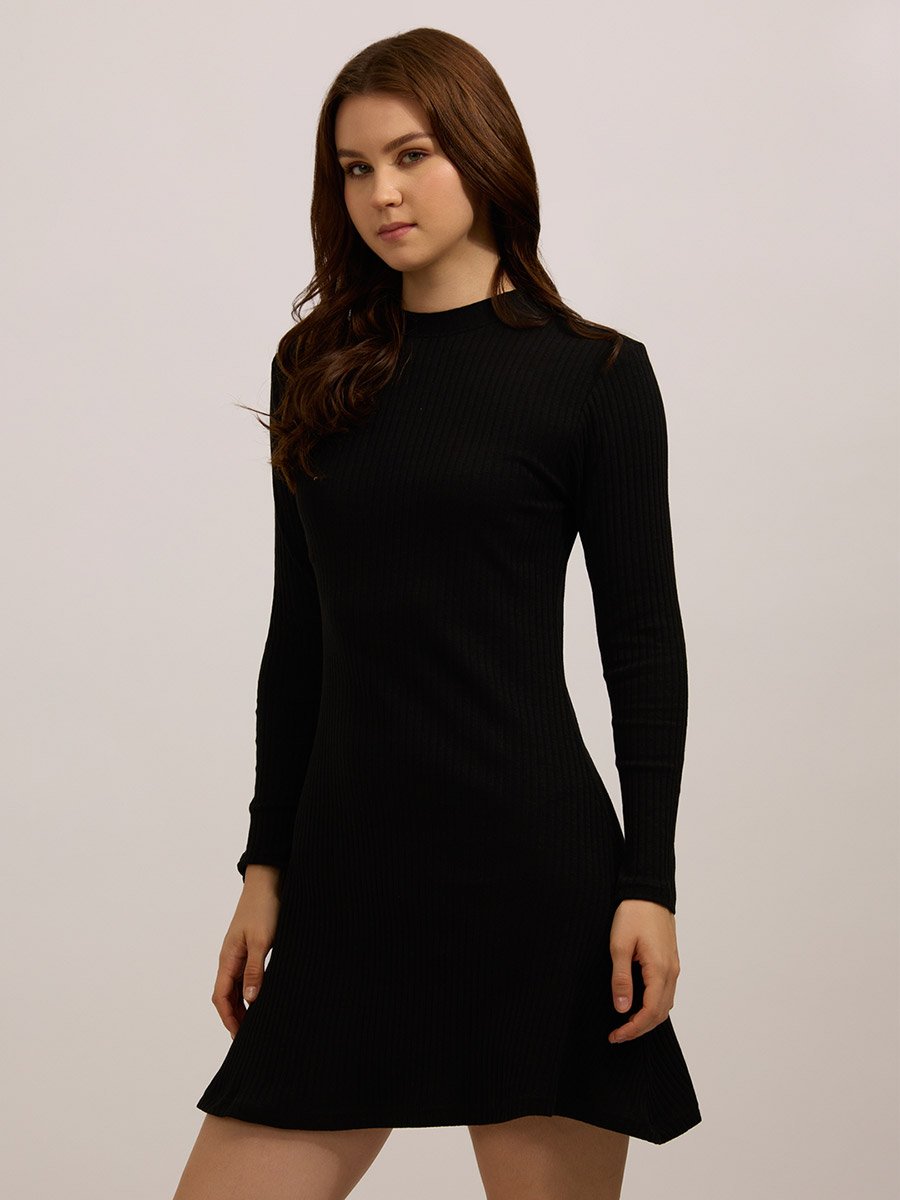 Black High Neck Ribbed Skater Mini Dress