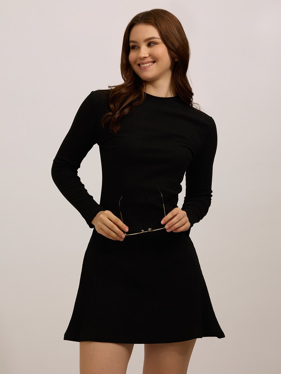 Black High Neck Ribbed Skater Mini Dress