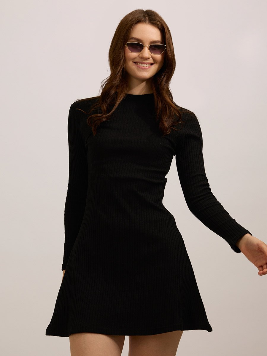 Black High Neck Ribbed Skater Mini Dress For Women at Bahrain | Styli