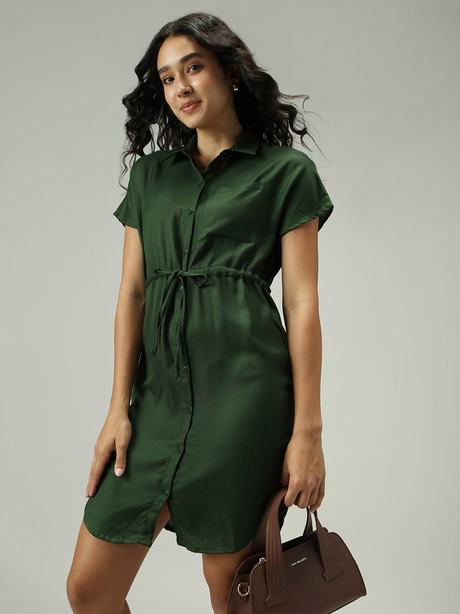 Olive Shirt Dress with Elasticated Waist