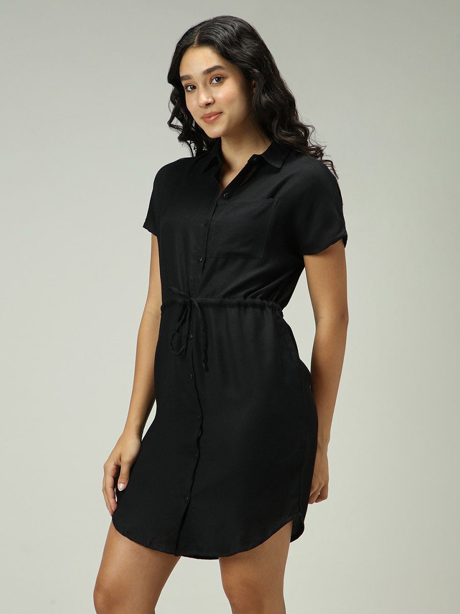 Black Shirt Mini Dress with Fold Pleat Detail For Women at UAE | Styli Black Shirt Mini Dress with Fold Pleat Detail For Women at UAE | Styli