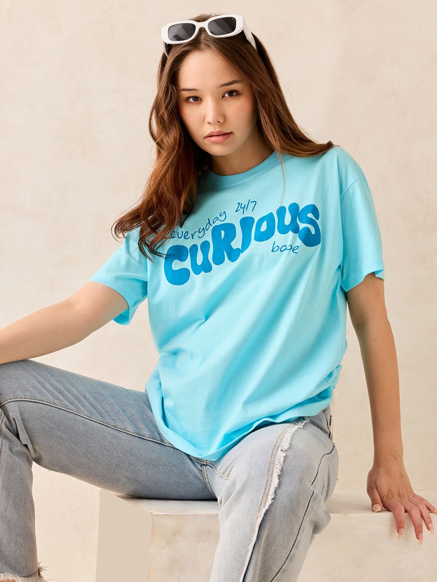 Blue Crew Neck Graphic T-Shirt