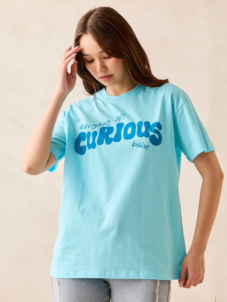 Blue Crew Neck Graphic T-Shirt