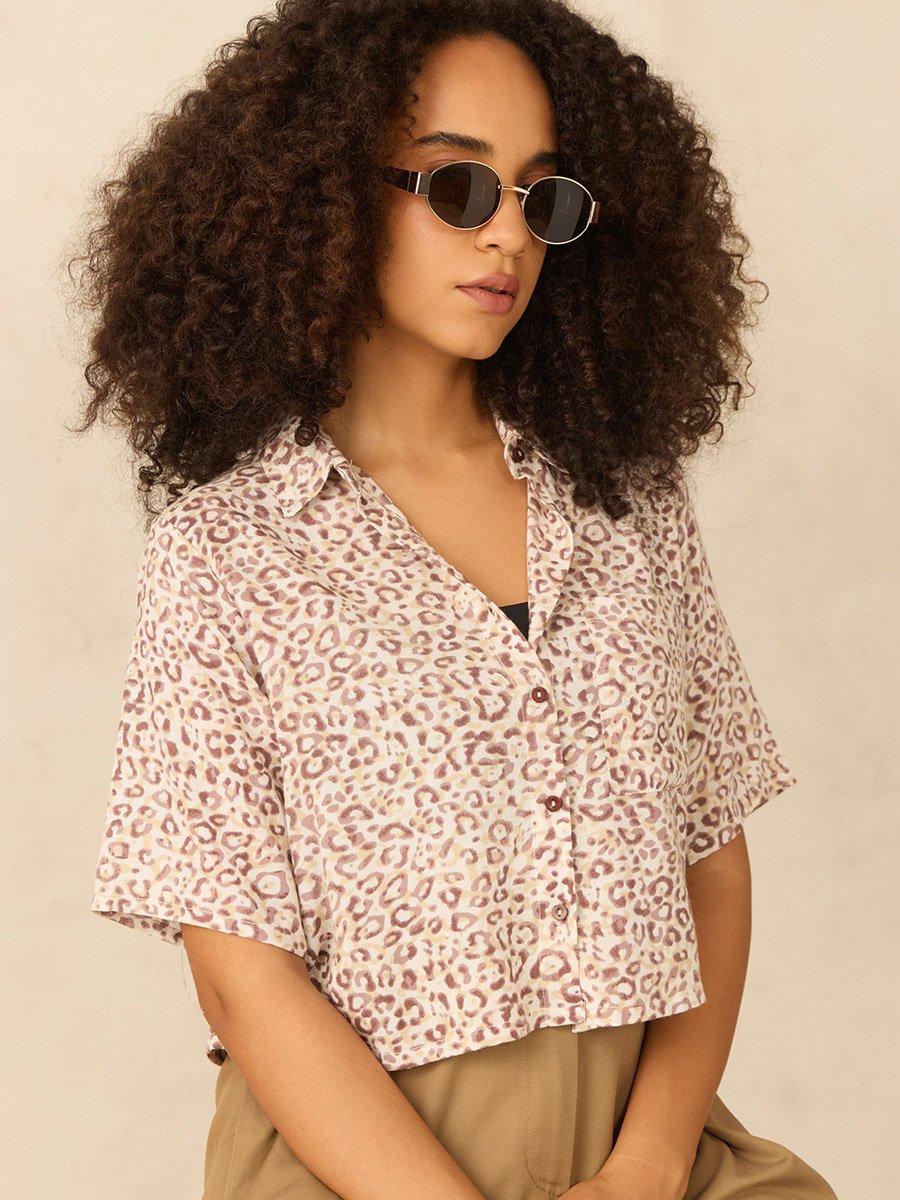 Brown All Over Print Crop Shirt