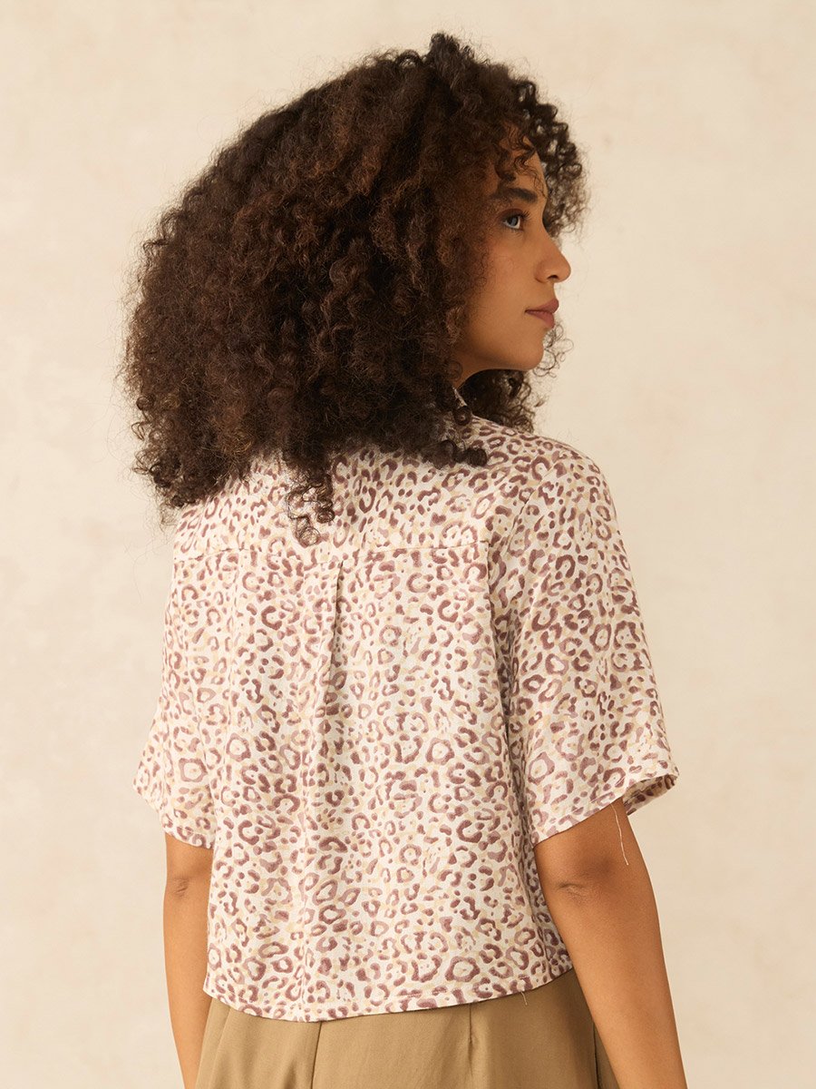 Brown All Over Print Crop Shirt
