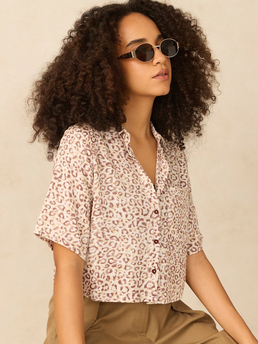 Brown All Over Print Crop Shirt