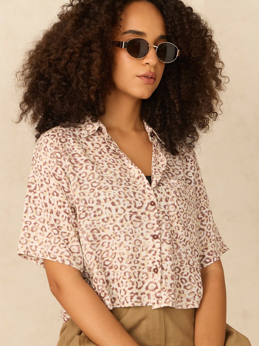 Brown All Over Print Crop Shirt