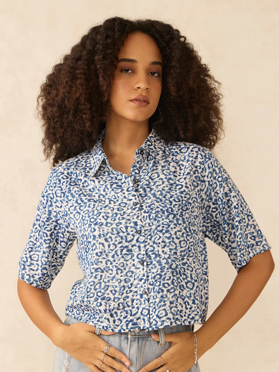 Blue All Over Print Crop Shirt