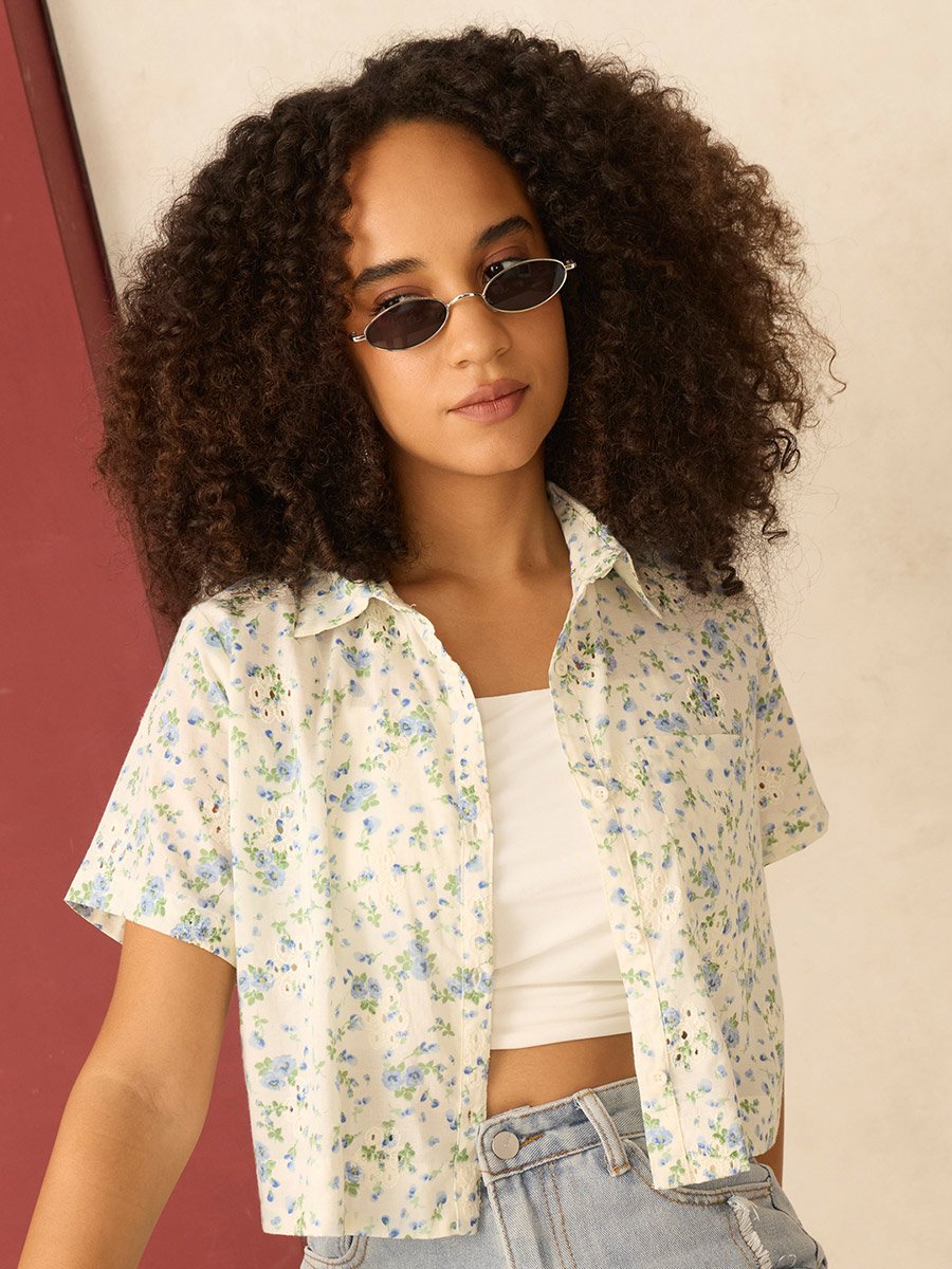 White Floral Priint Crop Shirt