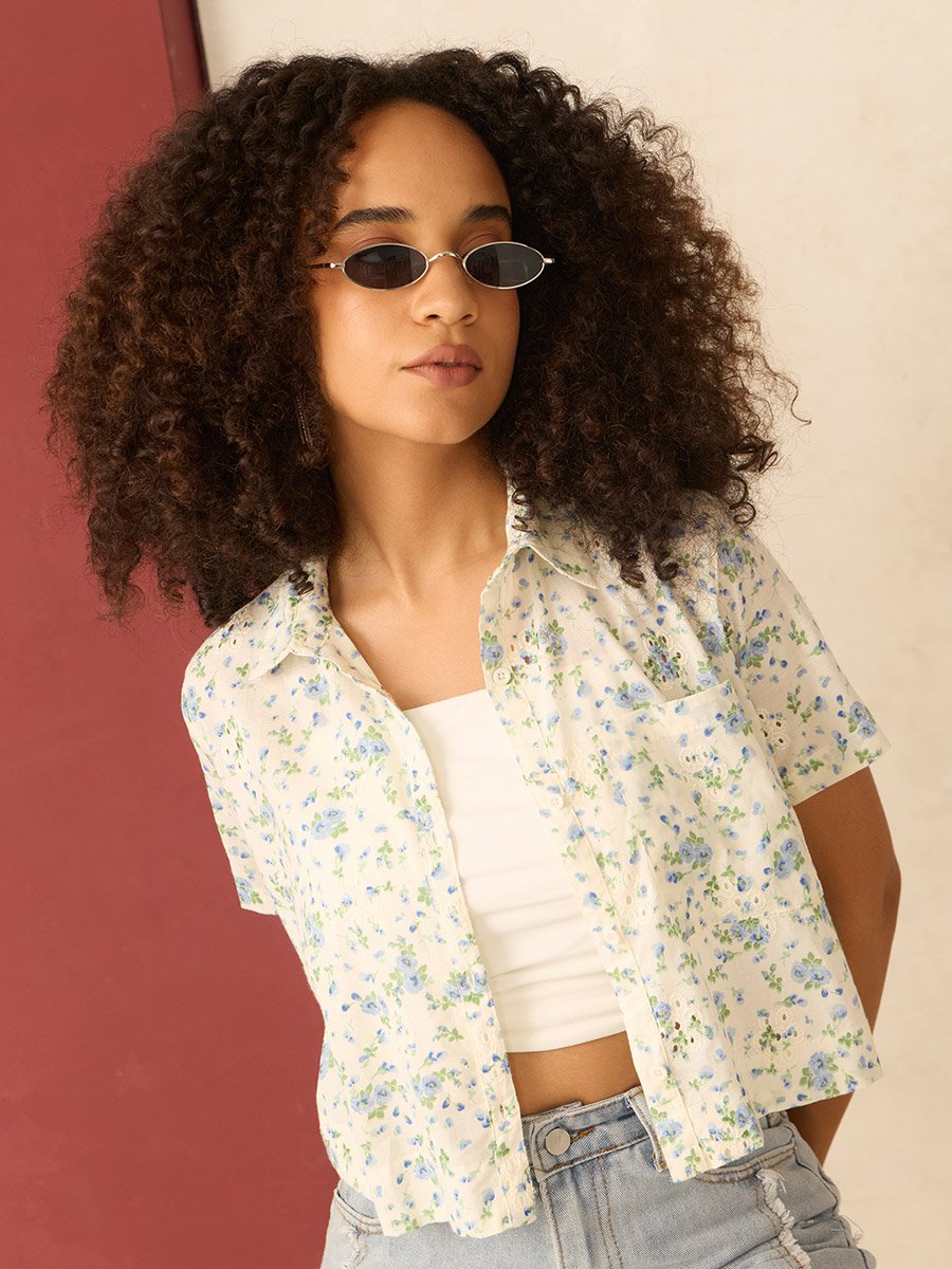 White Floral Priint Crop Shirt