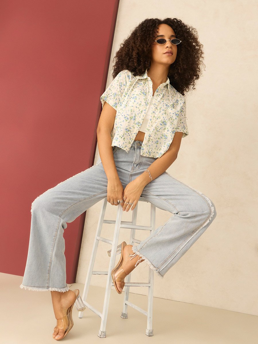 White Floral Priint Crop Shirt