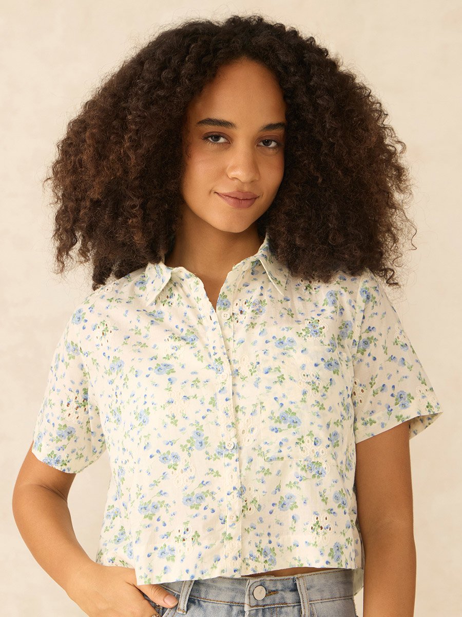White Floral Priint Crop Shirt