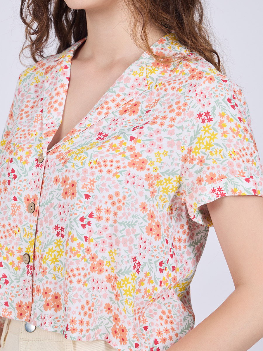 White Notch Collar Crop Shirt