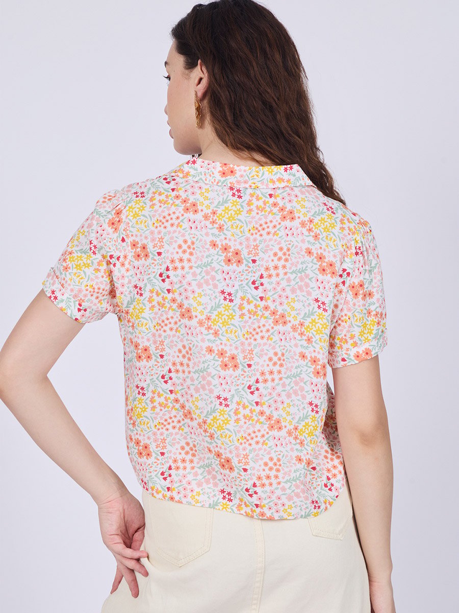 White Notch Collar Crop Shirt