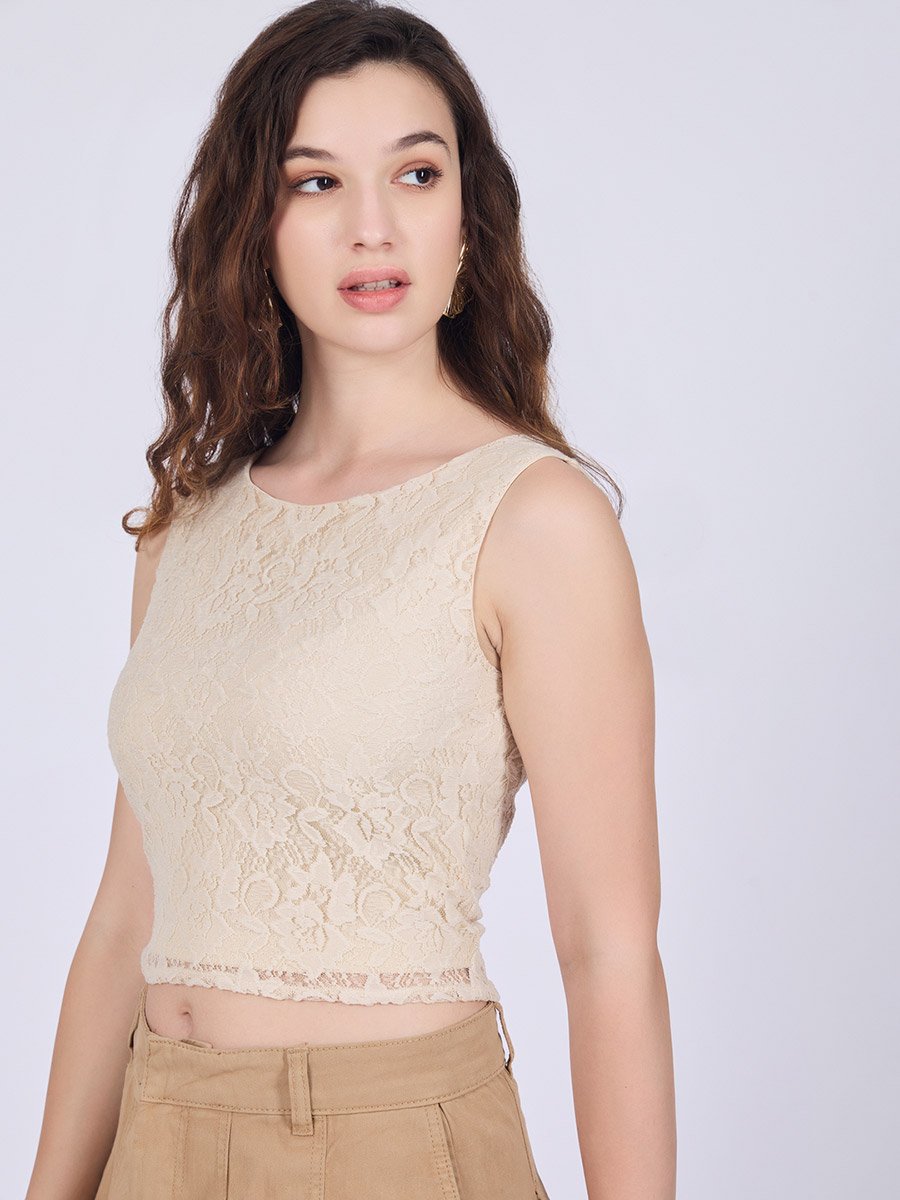 Beige Fitted Lace Top