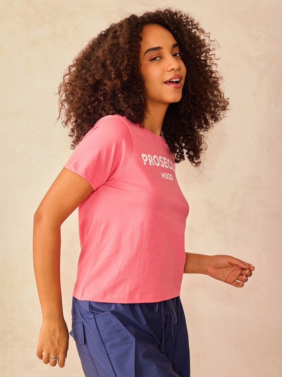Pink Crew Neck Graphic T-Shirt - 100% Cotton