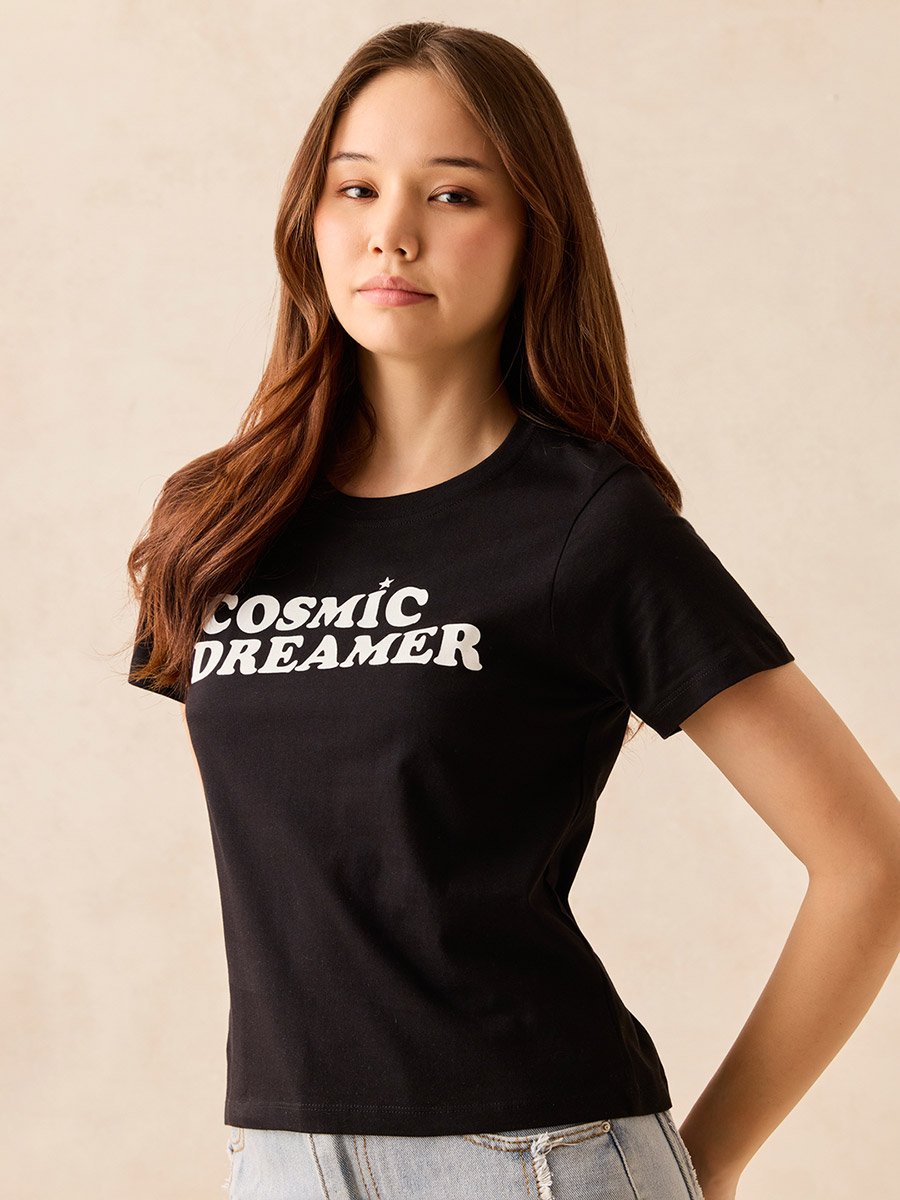 Black Graphic Crew Neck T-Shirt - 100% Cotton