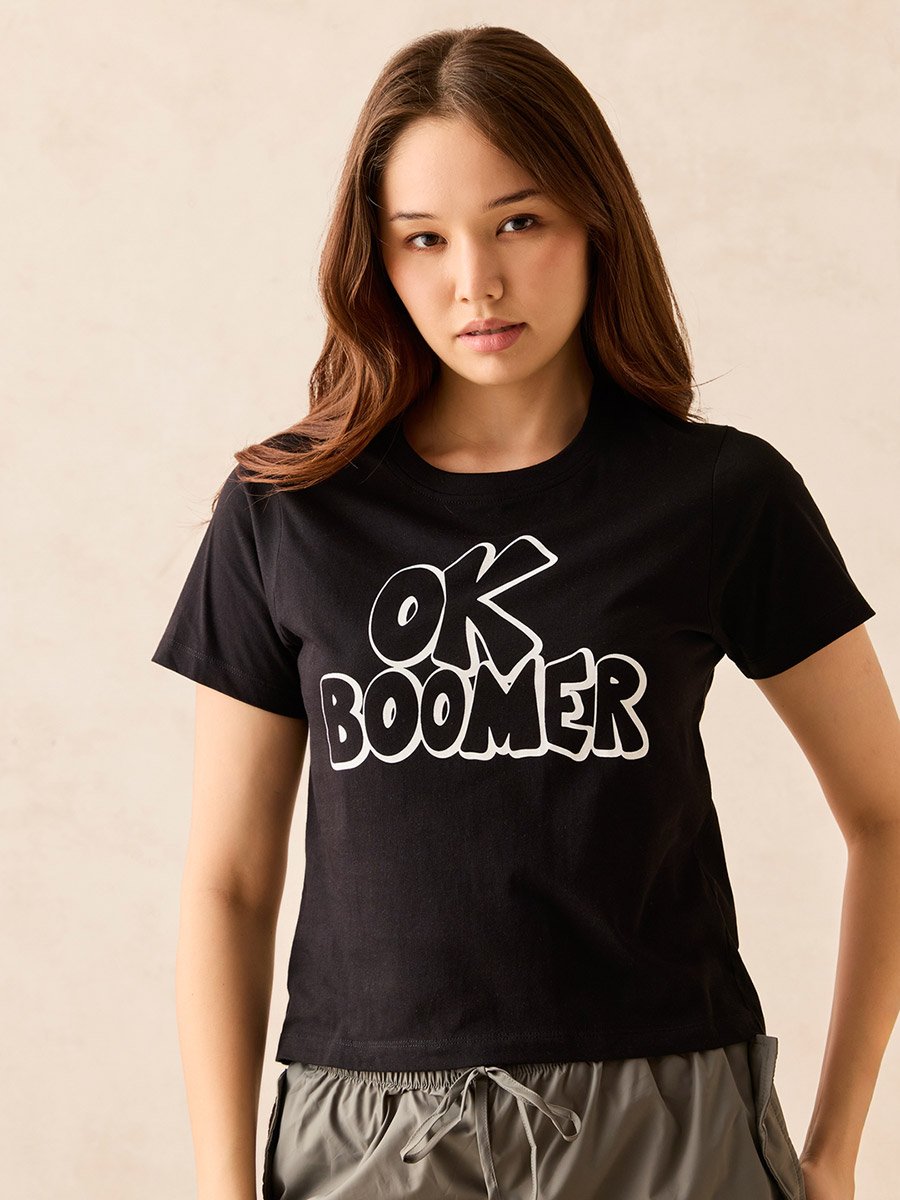 Black Crew Neck Graphic T-Shirt - 100% Cotton