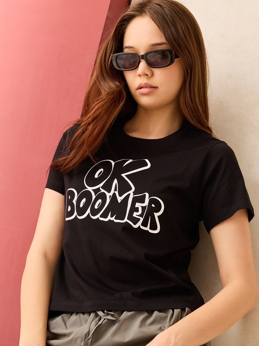 Black Crew Neck Graphic T-Shirt - 100% Cotton