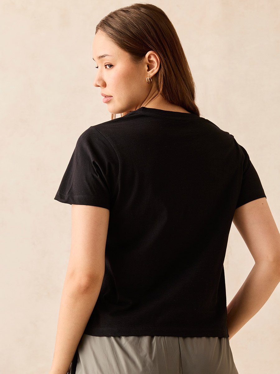 Black Crew Neck Graphic T-Shirt - 100% Cotton