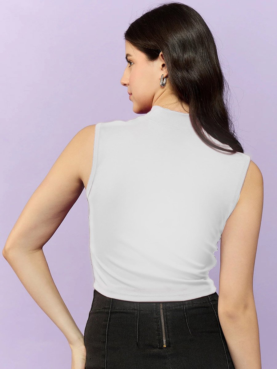 White High Neck Side Ruched Top