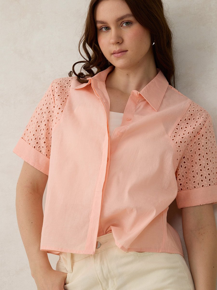 Coral Schiffli Sleeve Crop Shirt