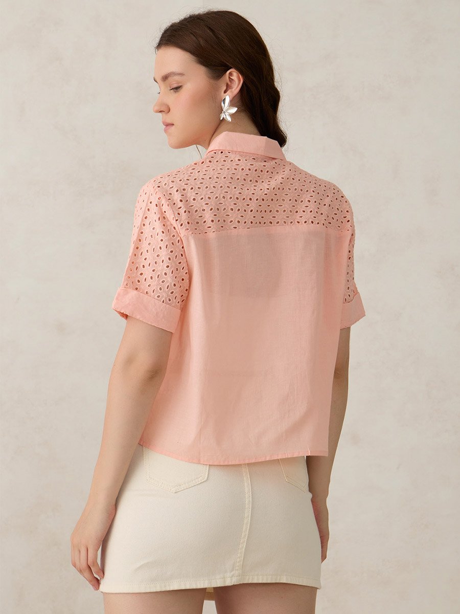 Coral Schiffli Sleeve Crop Shirt