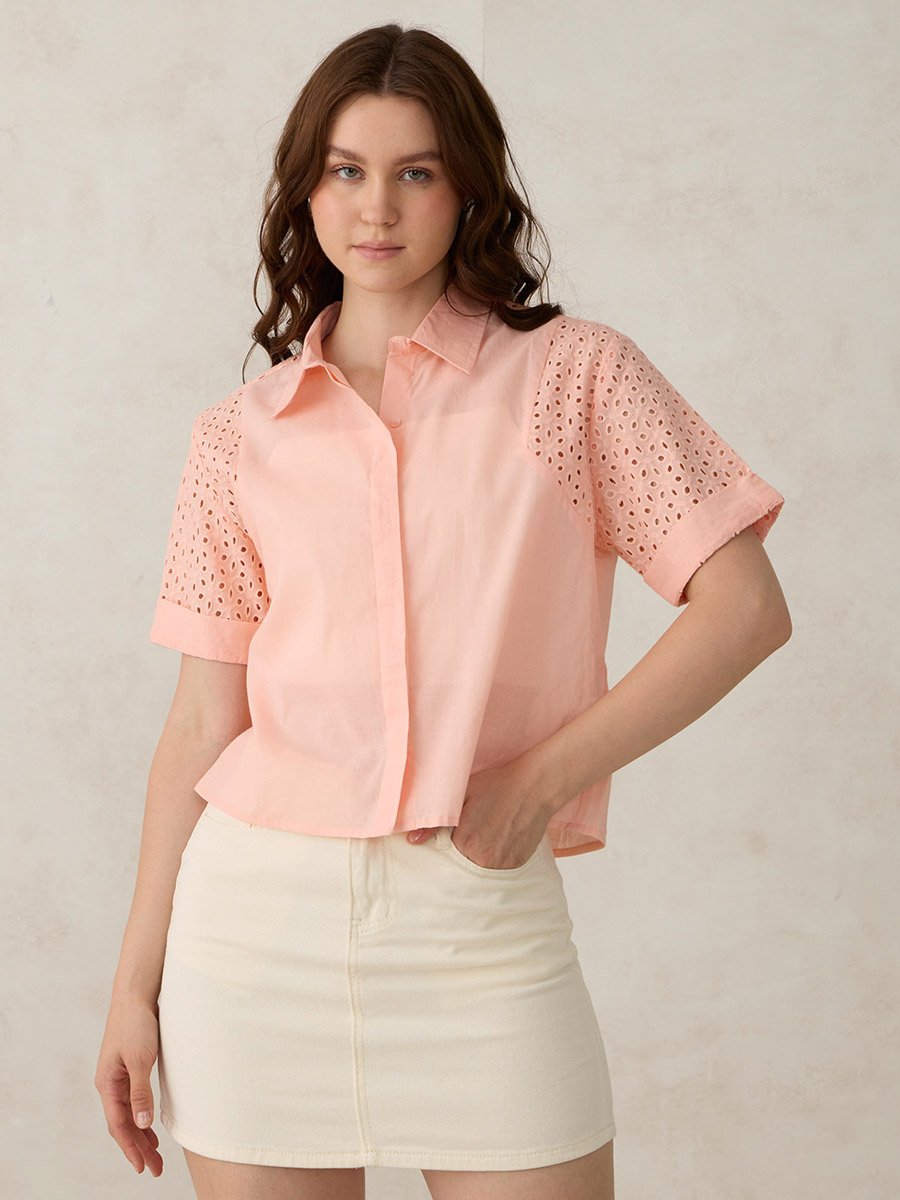 Coral Schiffli Sleeve Crop Shirt