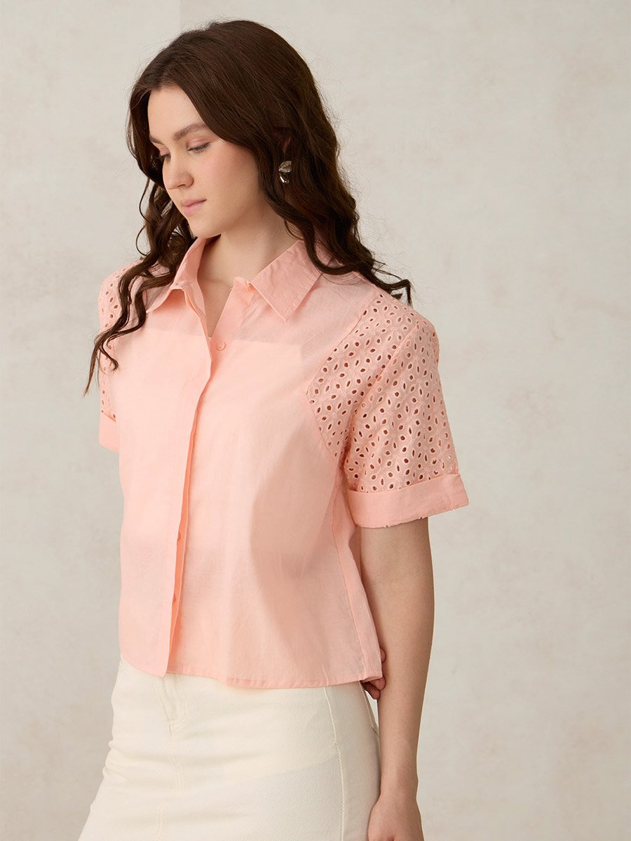 Coral Schiffli Sleeve Crop Shirt