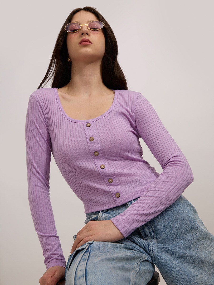 Purple Scoop Neck Button Down Ribbed Top