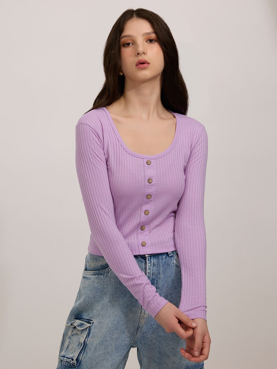 Purple Scoop Neck Button Down Ribbed Top