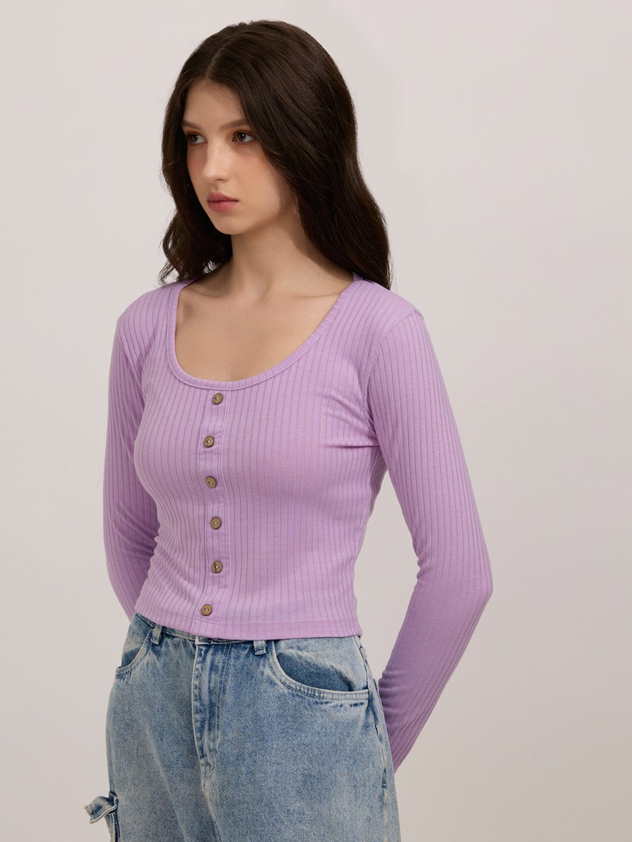Purple Scoop Neck Button Down Ribbed Top