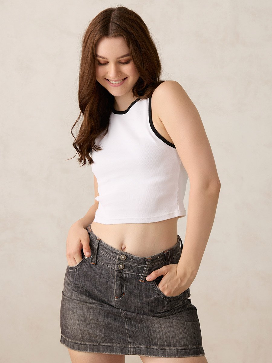 White Contrast Trim Ribbed Tank