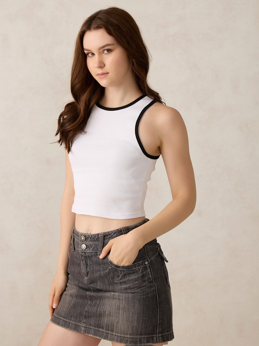 White Contrast Trim Ribbed Tank