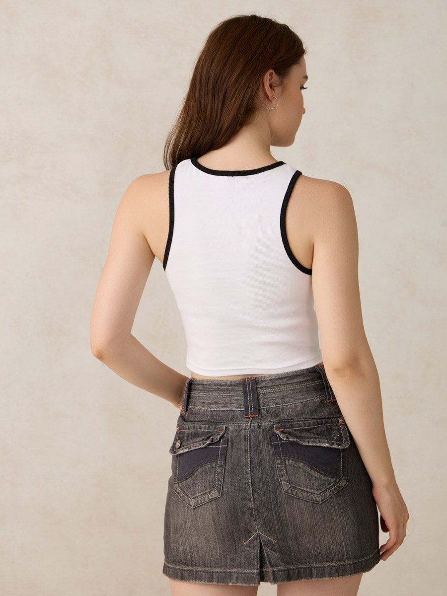 White Contrast Trim Ribbed Tank