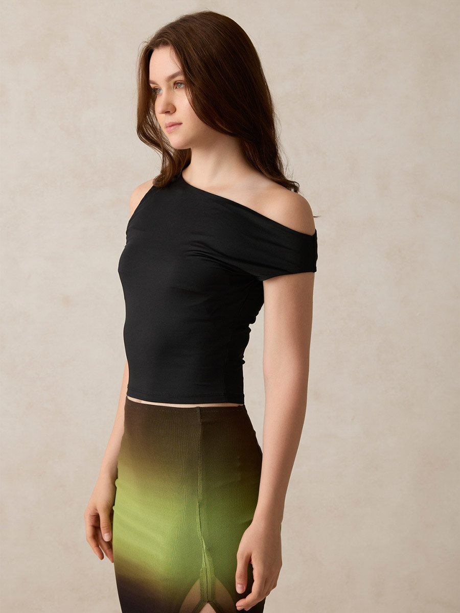 Black Asymmetric Neck Solid Knit Top