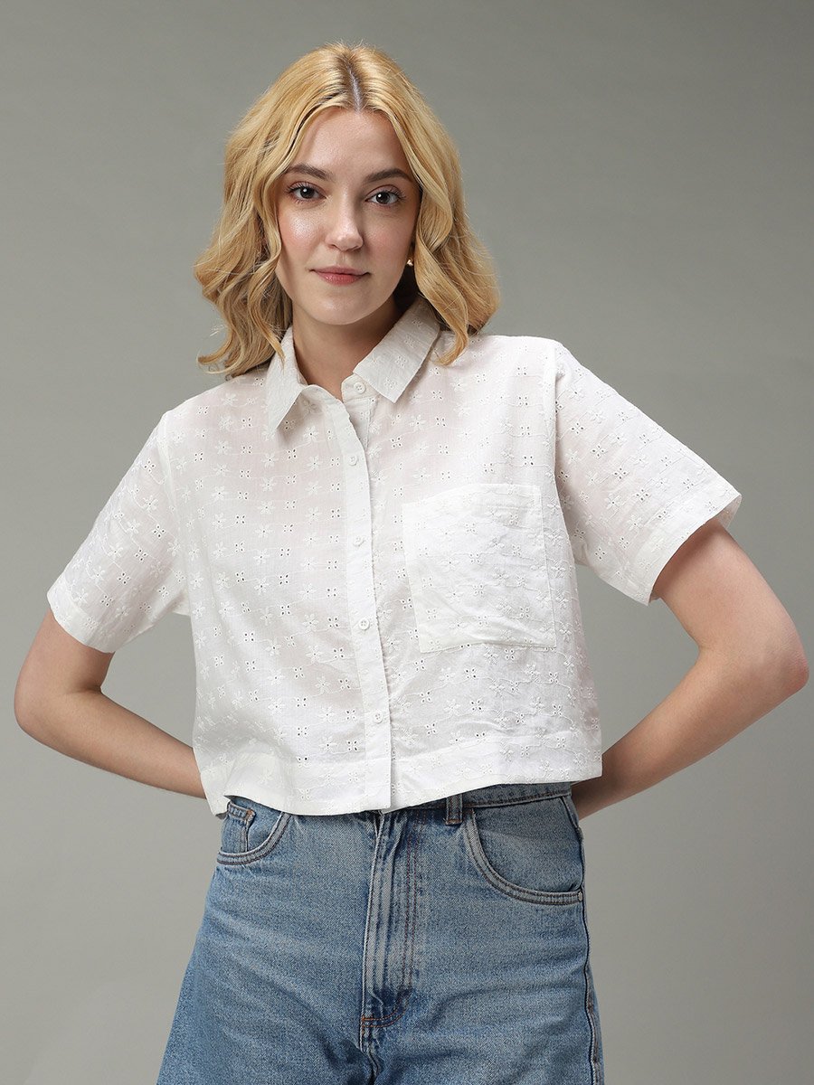 White Schiffli Crop Shirt