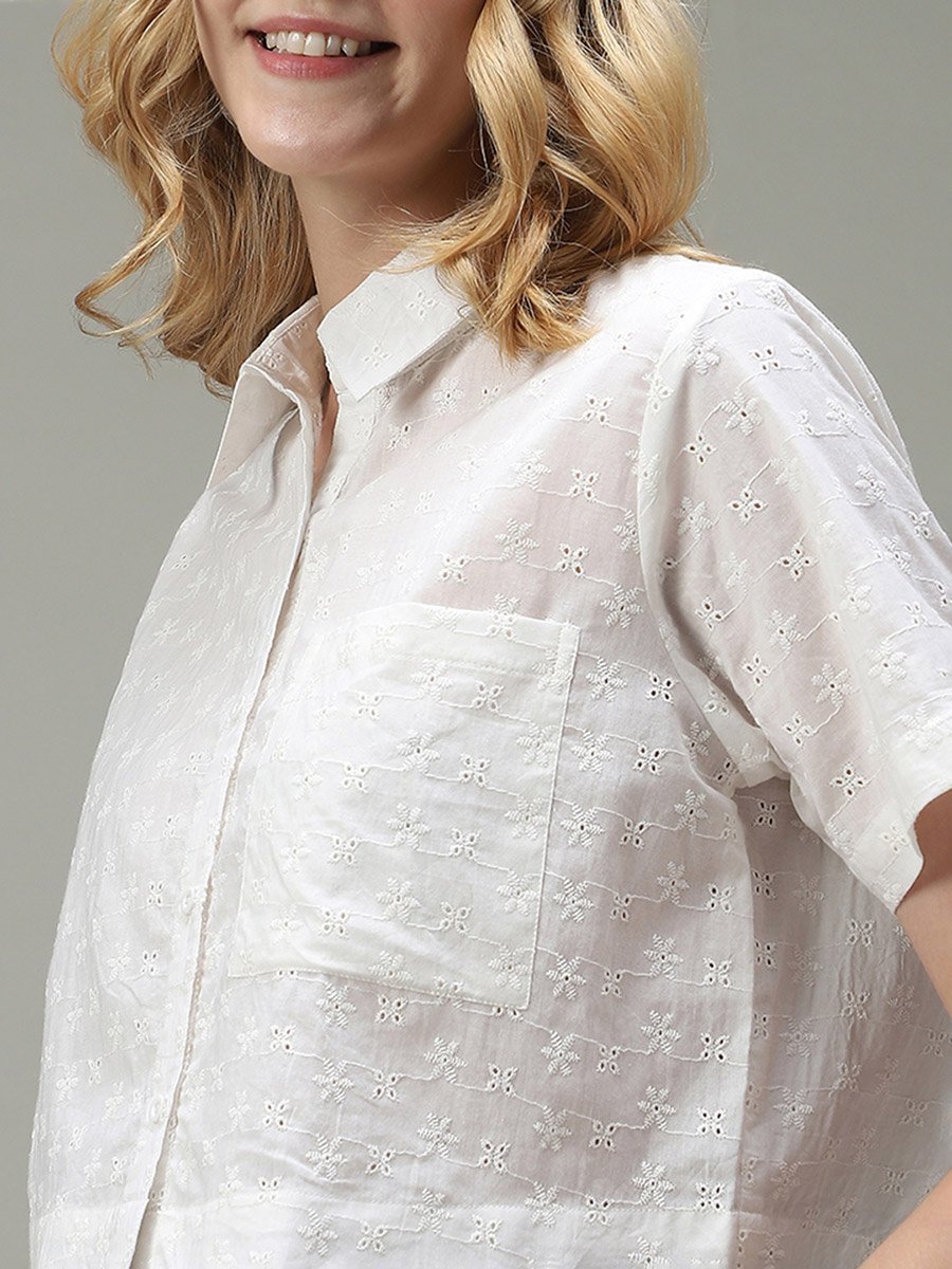 White Schiffli Crop Shirt
